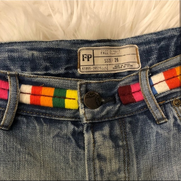 Free People distressed denim shorts with colorful stitch detailing - Picture 2 of 9